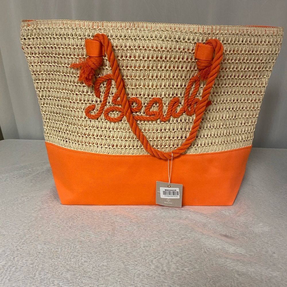 NWT‎ Orange Rope Straw Beach Tote Bag